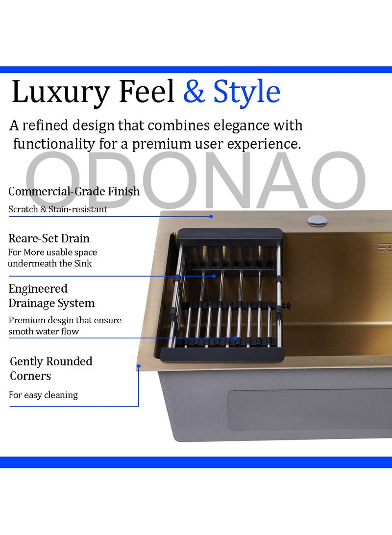 ODONAO Premium Stainless Steel Kitchen Sink, 60x45x22 cm, Single Bowl, Gold Finish, Durable Modern Design - Image 4