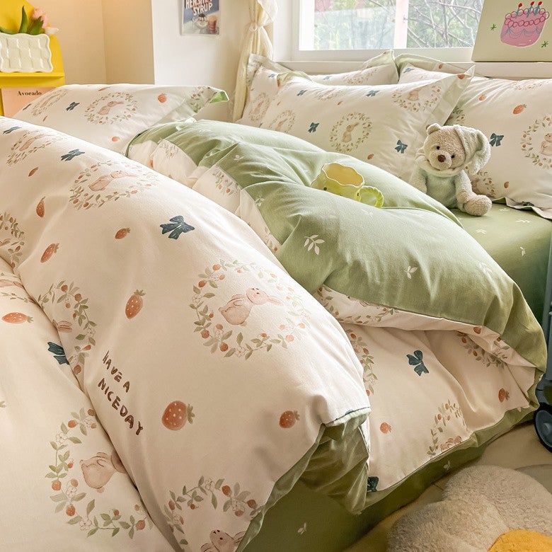 Spring And Cotton Small Fresh Printing Four-Piece Cotton Bed Sheet Quilt Cover Three-Piece Home Bedding Kit - Image 1