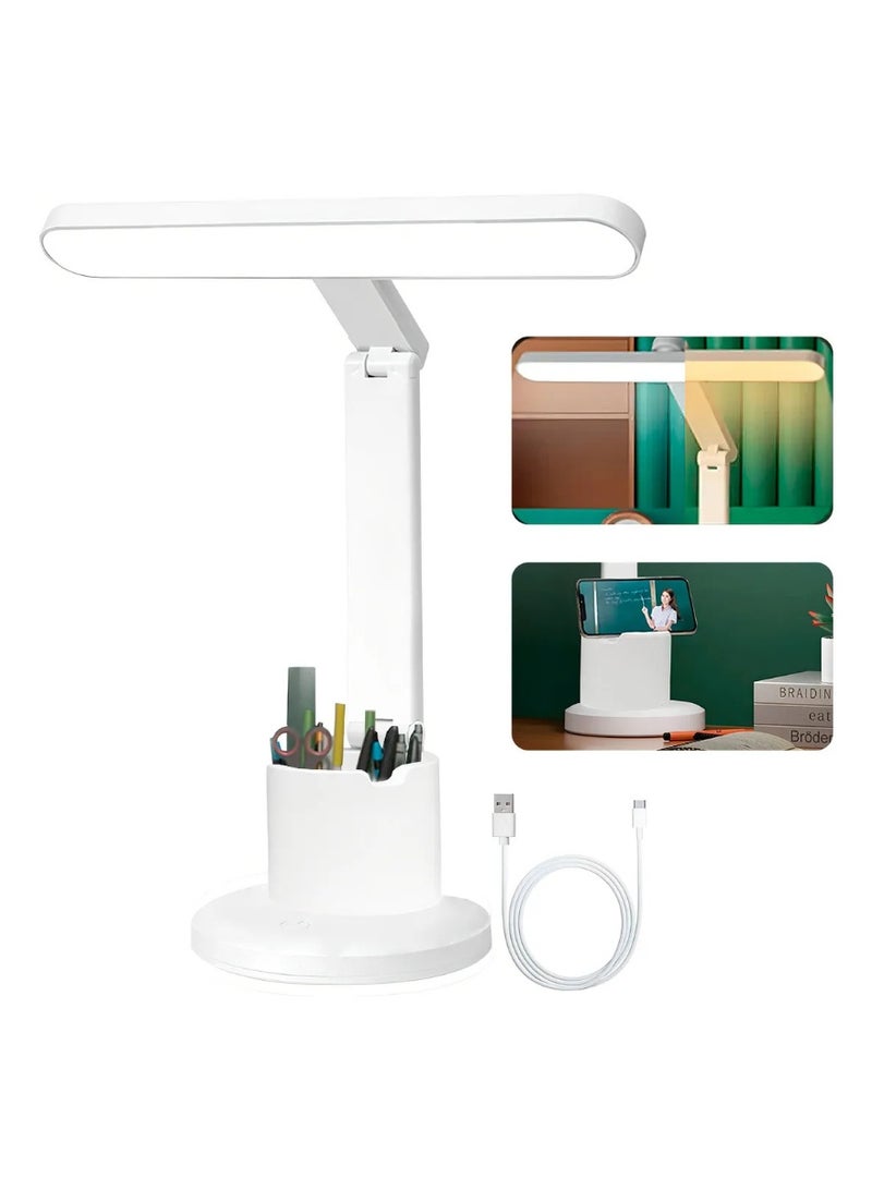 مصباح مكتب LED قابل لإعادة الشحن بذراع مرن 360° – إضاءة قابلة للتعديل 3000-6000K بثلاثة مستويات سطوع – مصباح مكتبي لحماية العين مع حامل هاتف وأقلام – مثالي للدراسة والعمل - Image 2