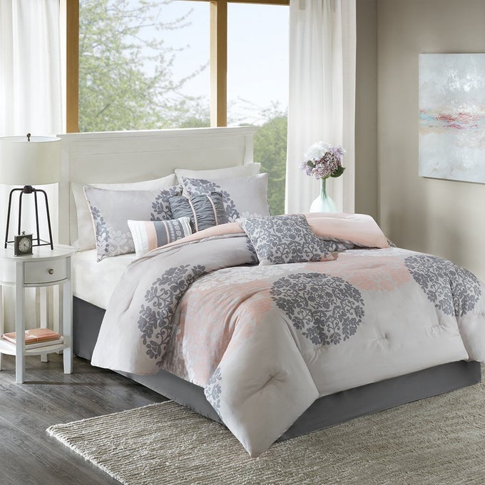 SPRINGFIELD COZY PINK AND GREY COMFORTER SET FLORAL MEDALLION PRINT ALL SEASON DOWN ALTERNATIVE BEDDING LAYER WITH MATCHING BEDSKIRT SHAMS DECORATIVE PILLOW QUEEN CORAL 7 PIECE