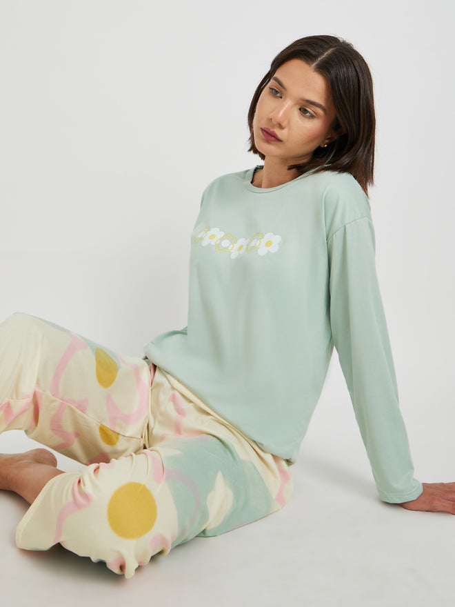 Take Two Take Two Printed Long Sleeve T-Shirt with Bra and Pyjama Set  - Image 1