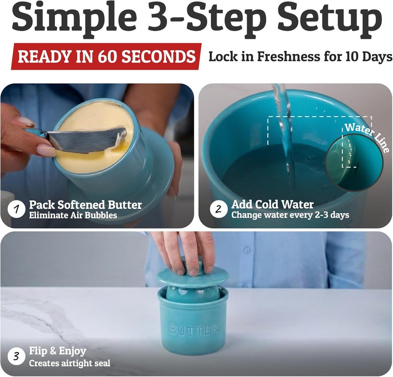 Priority Chef PriorityChef Butter Crock with Lid with Water Line, Ceramic French Butter Dish to Leave On Counter, Turquoise - Image 3