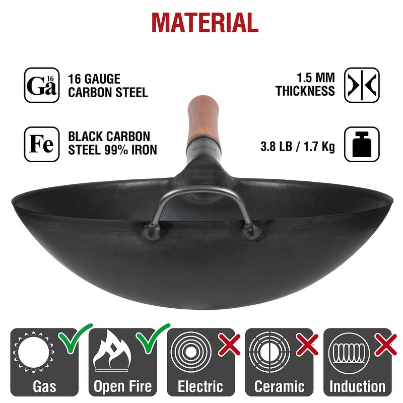 YOSUKATA 14" Carbon Steel Wok with Round Bottom â€“ Pre-Seasoned Pow Wok for Stir Fry â€“ Traditional Chinese Japanese Black Steel Pan â€“ Outdoor Cookware for Gas Stovetops, Open Fire, BBQ, Camping - Image 5