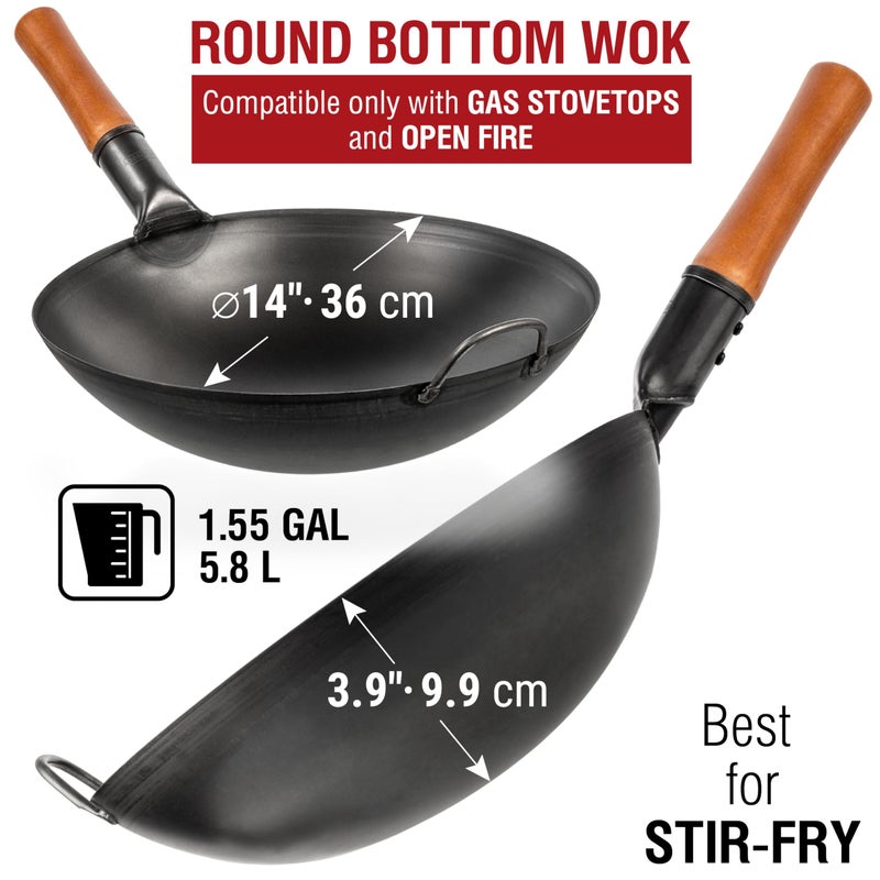 YOSUKATA 14" Carbon Steel Wok with Round Bottom â€“ Pre-Seasoned Pow Wok for Stir Fry â€“ Traditional Chinese Japanese Black Steel Pan â€“ Outdoor Cookware for Gas Stovetops, Open Fire, BBQ, Camping - Image 2