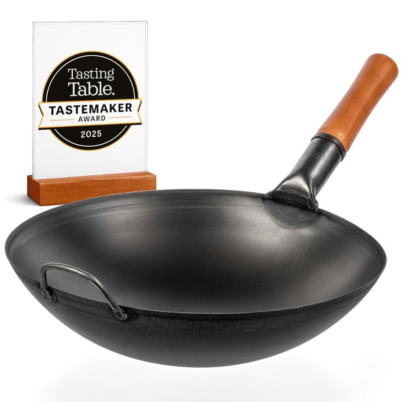 YOSUKATA 14" Carbon Steel Wok with Round Bottom â€“ Pre-Seasoned Pow Wok for Stir Fry â€“ Traditional Chinese Japanese Black Steel Pan â€“ Outdoor Cookware for Gas Stovetops, Open Fire, BBQ, Camping - Image 1