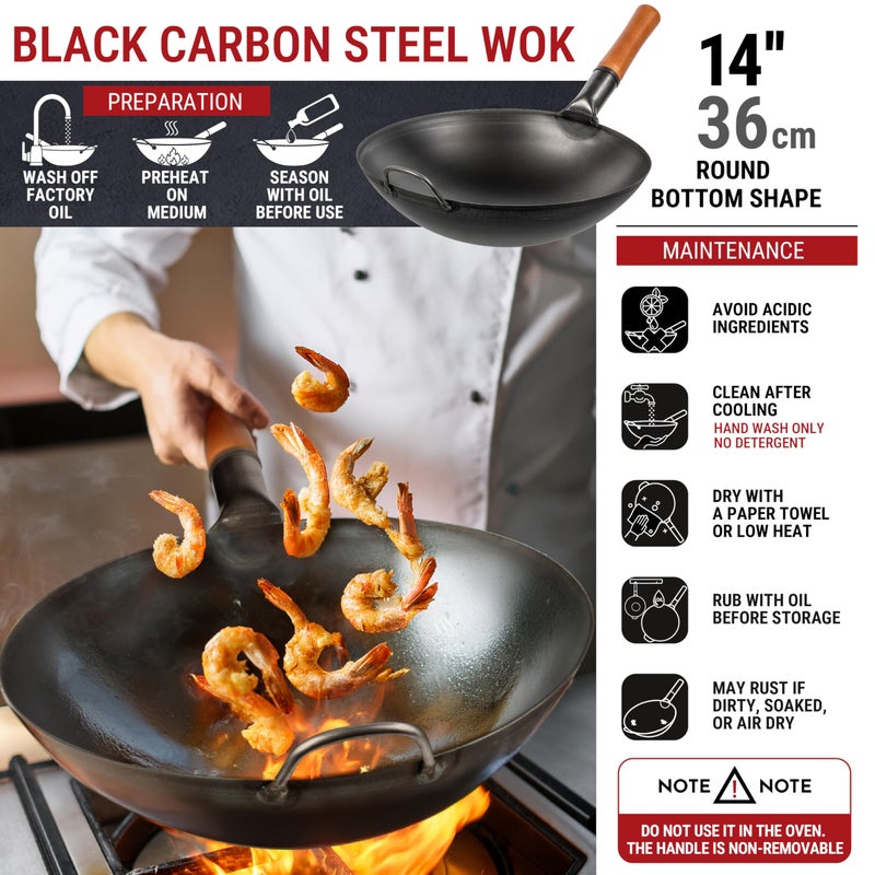 YOSUKATA 14" Carbon Steel Wok with Round Bottom â€“ Pre-Seasoned Pow Wok for Stir Fry â€“ Traditional Chinese Japanese Black Steel Pan â€“ Outdoor Cookware for Gas Stovetops, Open Fire, BBQ, Camping - Image 3