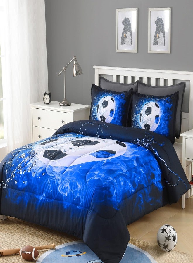 Andency Soccer Comforter Twin(66x90 Inch), 2 Pieces(1 Soccer Comforter, 1 Pillowcase) Blue Flame Soccer Comforter Set Sport Microfiber Bedding Set for Boy Girl Kids, Teen - Image 2