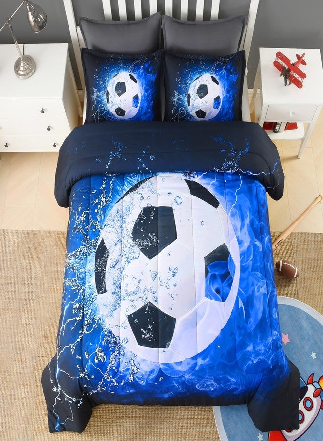 Andency Soccer Comforter Twin(66x90 Inch), 2 Pieces(1 Soccer Comforter, 1 Pillowcase) Blue Flame Soccer Comforter Set Sport Microfiber Bedding Set for Boy Girl Kids, Teen - Image 1