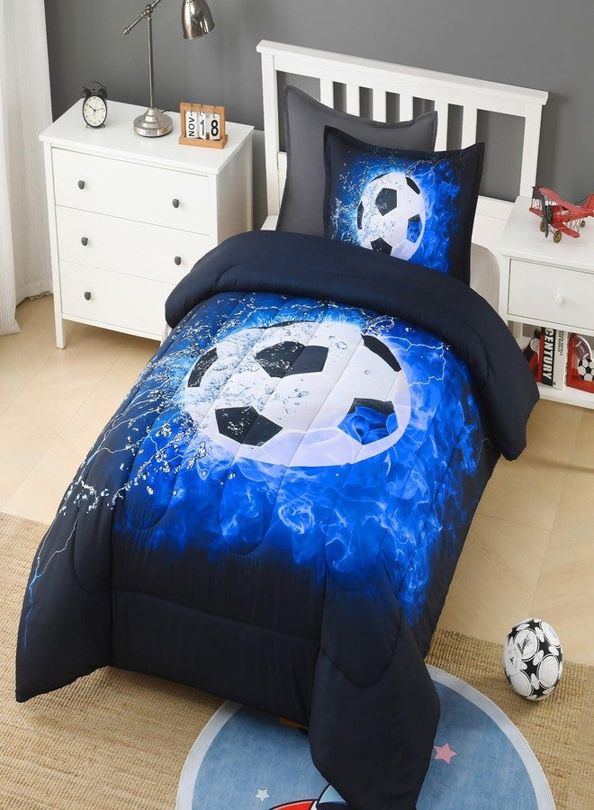 Andency Soccer Comforter Twin(66x90 Inch), 2 Pieces(1 Soccer Comforter, 1 Pillowcase) Blue Flame Soccer Comforter Set Sport Microfiber Bedding Set for Boy Girl Kids, Teen - Image 3