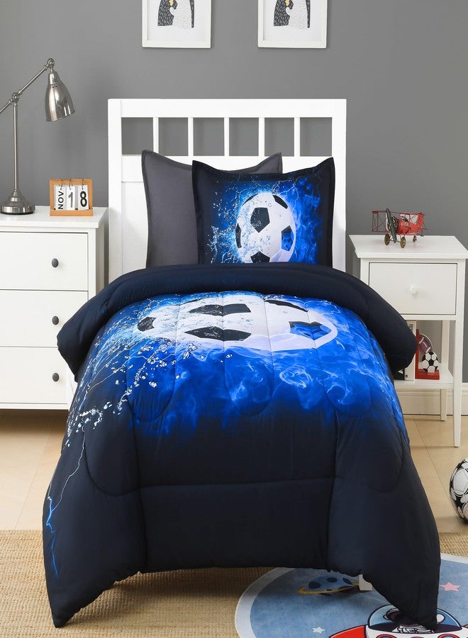 Andency Soccer Comforter Twin(66x90 Inch), 2 Pieces(1 Soccer Comforter, 1 Pillowcase) Blue Flame Soccer Comforter Set Sport Microfiber Bedding Set for Boy Girl Kids, Teen - Image 4