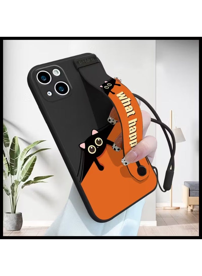 Temu A durable silicone phone case with a cute black cat design and a wrist strap for easy browsing. This case combines protection and convenience, making it suitable for iPhones and offering shock and scratch resistance. Compatible with iPhone 14. - Image 2
