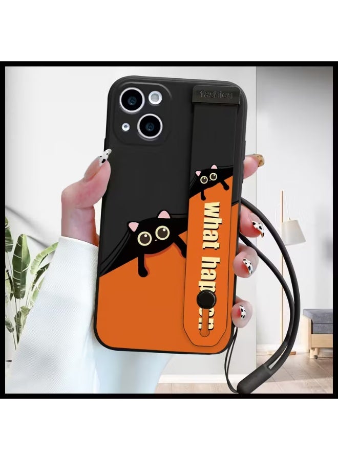 Temu A durable silicone phone case with a cute black cat design and a wrist strap for easy browsing. This case combines protection and convenience, making it suitable for iPhones and offering shock and scratch resistance. Compatible with iPhone 14. - Image 1