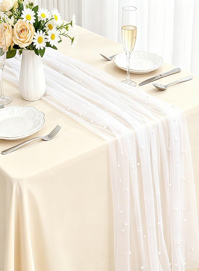 Exclaith Set of 6 Pearl Table Runners 10ft White Tulle Fabric Lace Table Runners 30 x 120 Inch Birthday Party Dining Tables Cover for Wedding Party Baby Shower Birthday Home Decor, White - Image 2