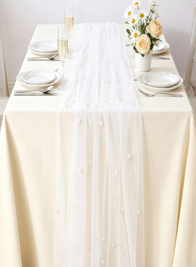 Exclaith Set of 6 Pearl Table Runners 10ft White Tulle Fabric Lace Table Runners 30 x 120 Inch Birthday Party Dining Tables Cover for Wedding Party Baby Shower Birthday Home Decor, White - Image 5