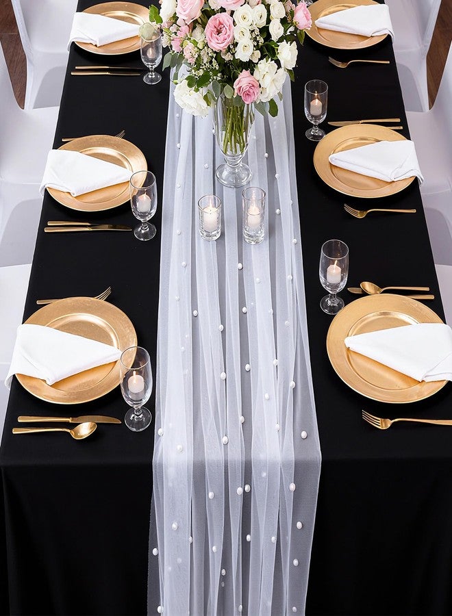 Exclaith Set of 6 Pearl Table Runners 10ft White Tulle Fabric Lace Table Runners 30 x 120 Inch Birthday Party Dining Tables Cover for Wedding Party Baby Shower Birthday Home Decor, White - Image 1