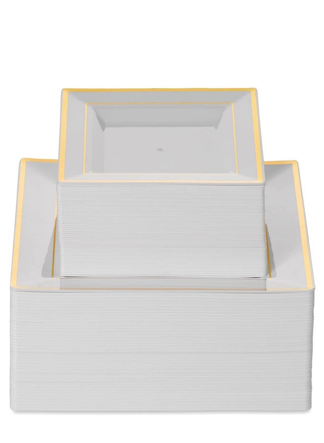 BloominGoods 100 PCS Disposable Plastic White Square Plates, 100-Pack 6.5 & 10 In. Combo Premium Heavy Duty Gold Rim Square Plastic Plates, Ideal For Wedding, Party, Event Or Catering - Image 3