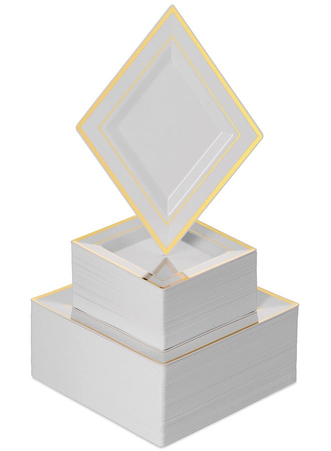 BloominGoods 100 PCS Disposable Plastic White Square Plates, 100-Pack 6.5 & 10 In. Combo Premium Heavy Duty Gold Rim Square Plastic Plates, Ideal For Wedding, Party, Event Or Catering - Image 1