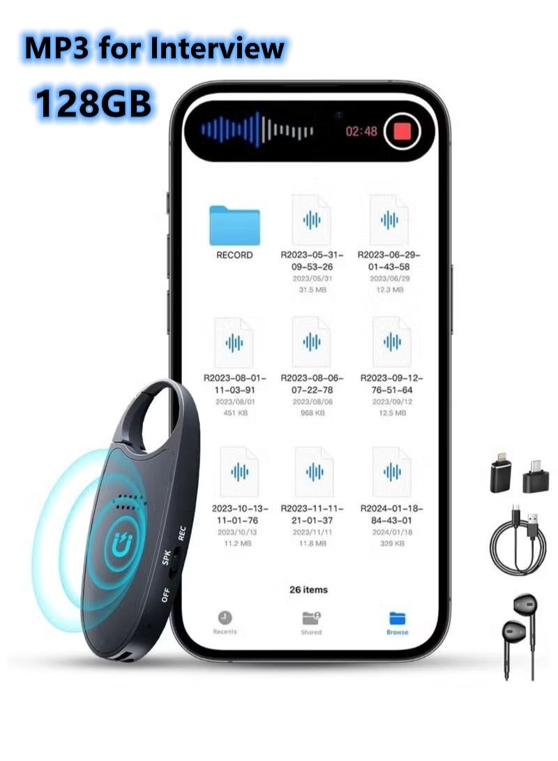 128GB (2000 Hour) Digital Magnetic Voice Recorder with Playback, 4-in-1 Portable Mini Voice Activated Audio Recorder with AI Noise Cancelling, MP3 Player, Voice Device for Lectures, Meetings, Classroom - Image 1