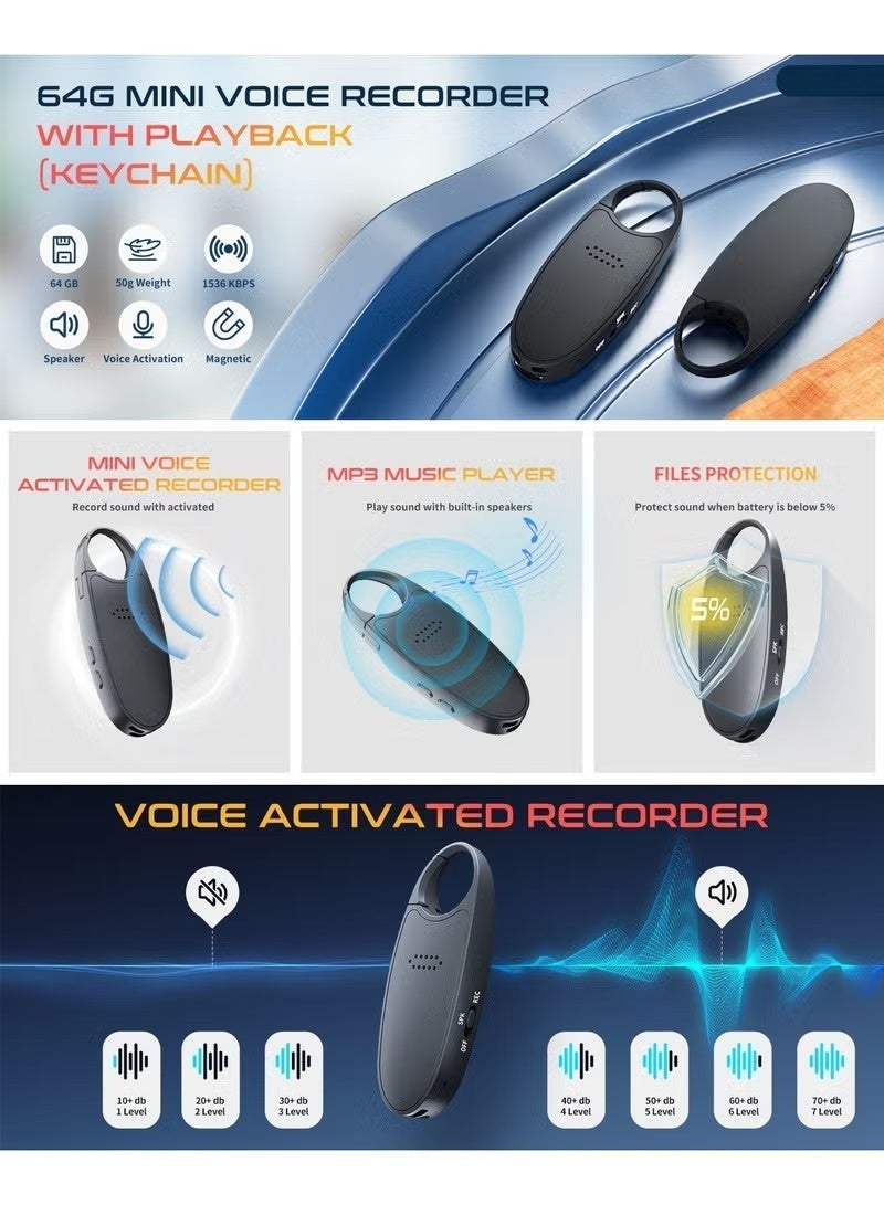 LAESO 64GB (800 Hour) Digital Magnetic Voice Recorder with Playback, 4-in-1 Portable Mini Voice Activated Audio Recorder with AI Noise Cancelling, MP3 Player, Voice Device for Lectures, Meetings, Classroom - Image 4