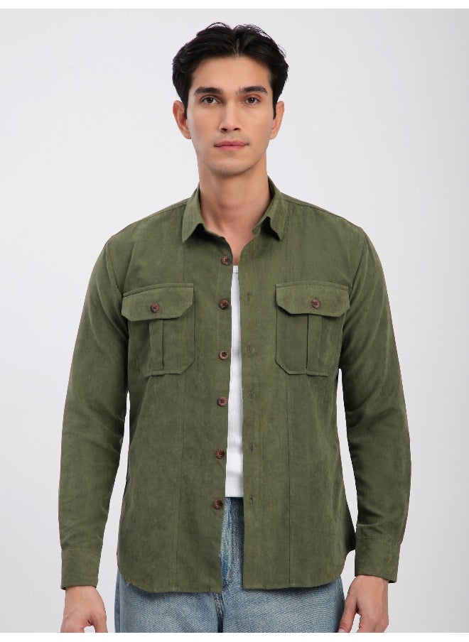 Beyoung Olive Panel Suede Shirt  - Image 2