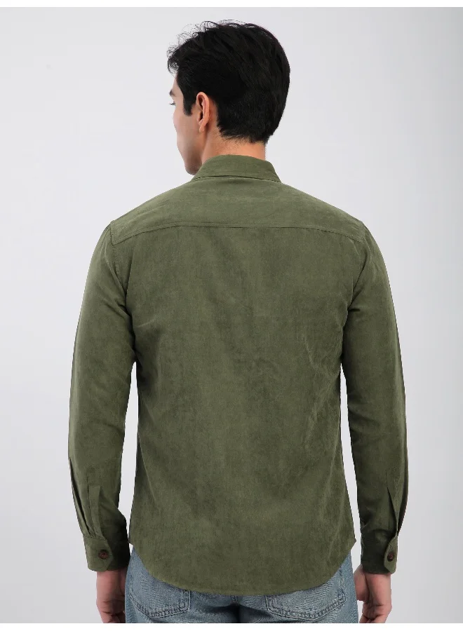 Beyoung Olive Panel Suede Shirt