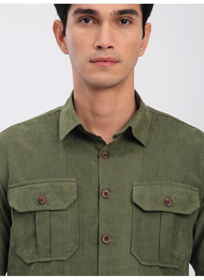 Beyoung Olive Panel Suede Shirt  - Image 3