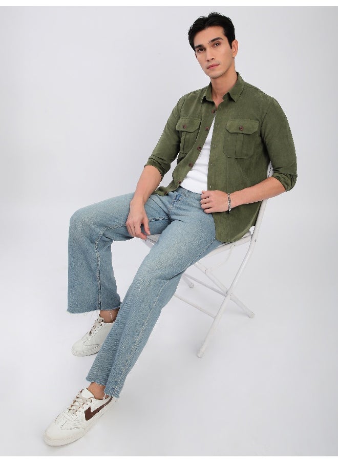 Beyoung Olive Panel Suede Shirt  - Image 1