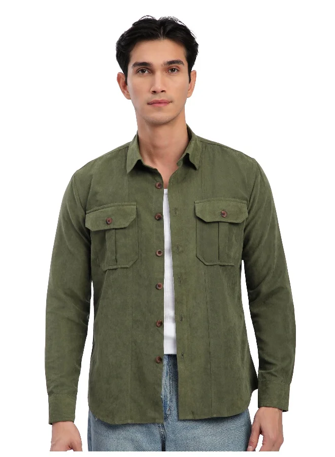 Beyoung Olive Panel Suede Shirt
