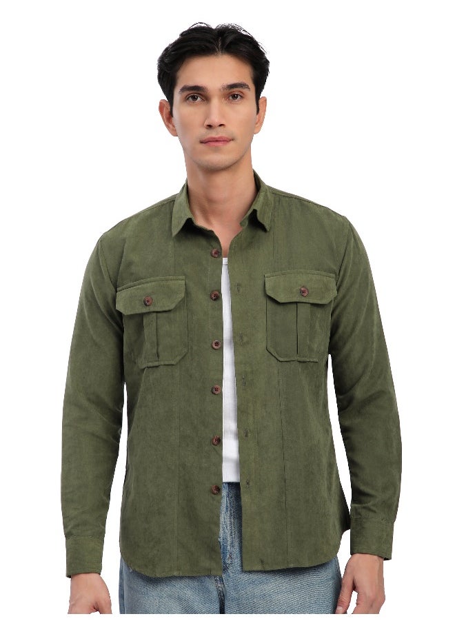 Beyoung Olive Panel Suede Shirt  - Image 4