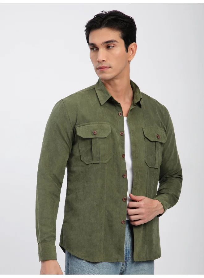 Beyoung Olive Panel Suede Shirt