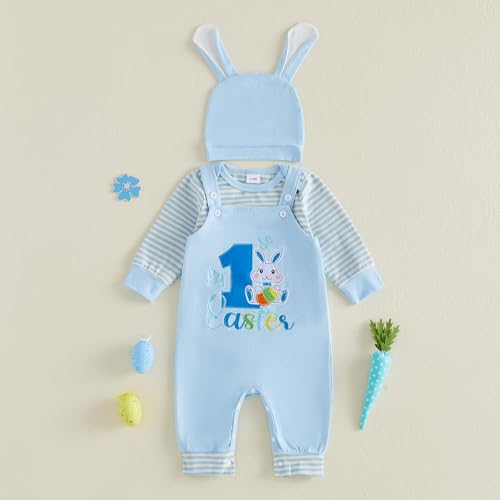 DNOMAID YZARC My 1st Easter Baby Boy Outfit Stripe Long Sleeve Romper Bunny Embroidered Overalls Pants Hat Set 3Pcs Clothes (Light Blue, 0-3 Months) - Image 5