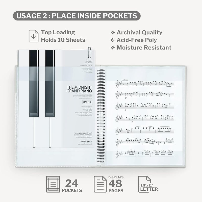Cranbury Sheet Music Folder 8.5x11 - Dual Use Music Holder (Black), Store Pages Inside 24 Protective Sleeves or Annotate Exposed Pages, Music Binder with Spiral Binding Stays Opens and Lays Flat - Image 4