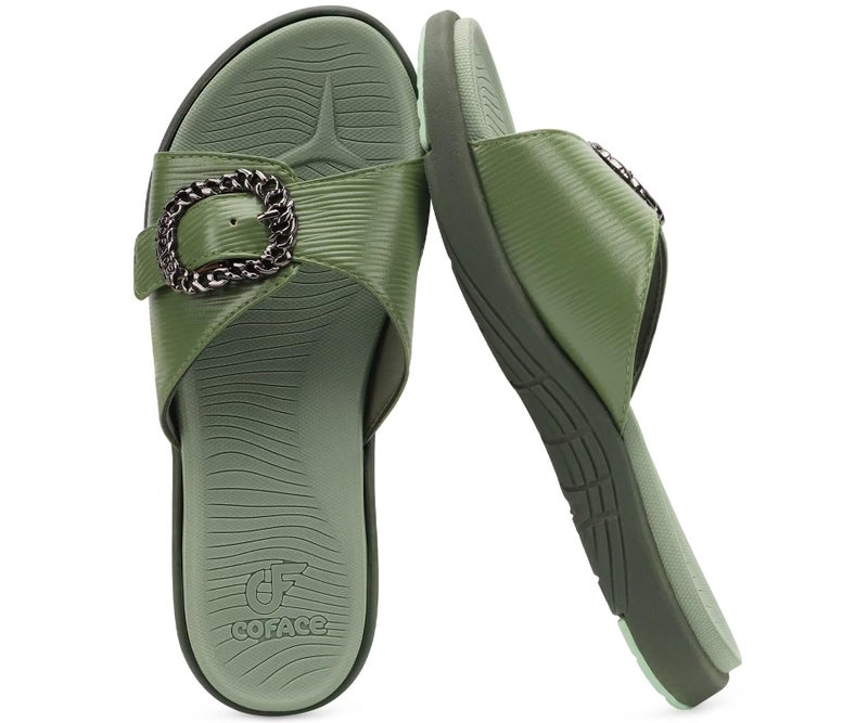 COFACE Womens Dressy Orthotic Slides Ladies Yoga Memory Foam Leather Cushion Recovery Walking Sandals Open Toe Strap Summer Slip On Slippers Comfortable Plantar Fasciitis Arch Support Green Size 8 - Image 1