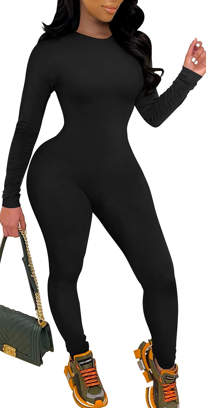 GOBLES Women's Sexy One piece Outfits Long Sleeve Back Zipper Bodycon Jumpsuit Rompers Black - Image 1