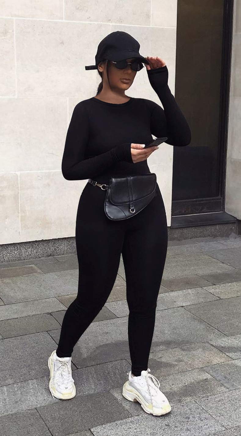 GOBLES Women's Sexy One piece Outfits Long Sleeve Back Zipper Bodycon Jumpsuit Rompers Black - Image 4