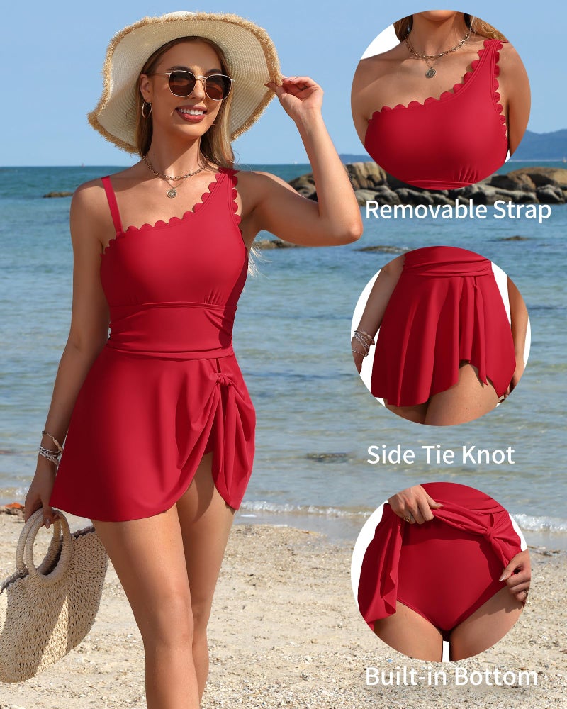 Charmo Cute Bathing Suit for Women Tummy Control Skirted One Shoulder Swimsuit One Piece Full Coverage Swimdress Red XL - Image 4
