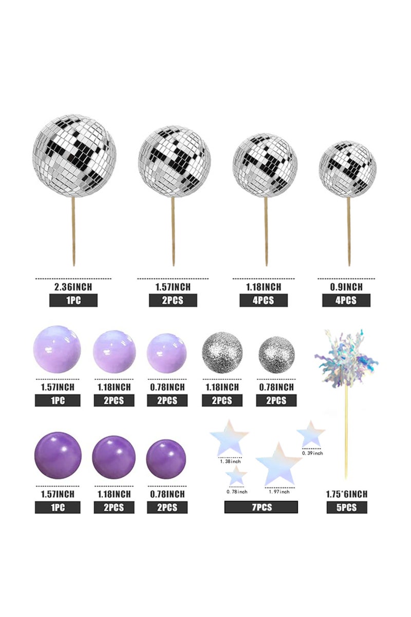 ٣٧ قطعة من كرات الديسكو الأرجوانية العاكسة لتزيين الكيك مع نجوم فضية لتزيين الكيك لحفلات الديسكو