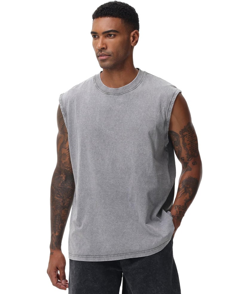 SnowElve 3 Pack Mens Workout Tank Tops Sleeveless Tee Shirts Men Muscle Shirt Gym Acid Wash T Shirts Running Beach Loose Fit Tee(CFGYBK,S) - Image 4