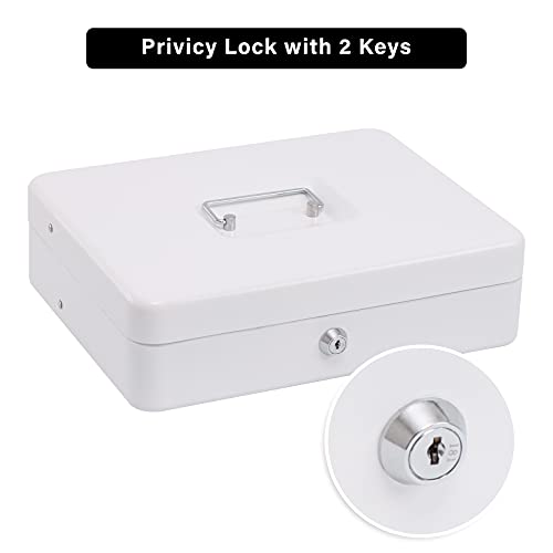 xydled Metal Cash Box, Cash Box with Money Tray and Key Lock, Storage Box, White,4 Bill / 5 Coin Slots,11.8" x 9.5" x 3.5",White - Image 4