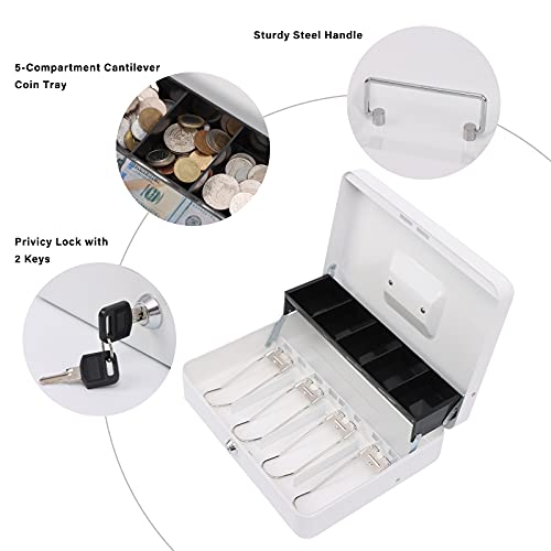 xydled Metal Cash Box, Cash Box with Money Tray and Key Lock, Storage Box, White,4 Bill / 5 Coin Slots,11.8" x 9.5" x 3.5",White - Image 3