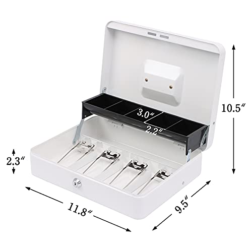 xydled Metal Cash Box, Cash Box with Money Tray and Key Lock, Storage Box, White,4 Bill / 5 Coin Slots,11.8" x 9.5" x 3.5",White - Image 2