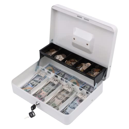 xydled Metal Cash Box, Cash Box with Money Tray and Key Lock, Storage Box, White,4 Bill / 5 Coin Slots,11.8" x 9.5" x 3.5",White - Image 1