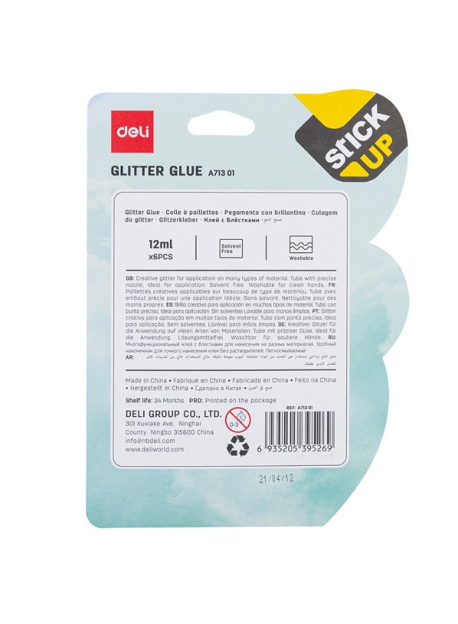 Deli دلي EA71301 لاصق إكسبلورا PVAL لامع (متعدد الألوان) – لاصق لامع غير سام للاستخدام في الأعمال اليدوية، وتزيين الألبومات، وفن الفصول الدراسية – 6 قطع/بطاقة بلاستيكية - Image 5