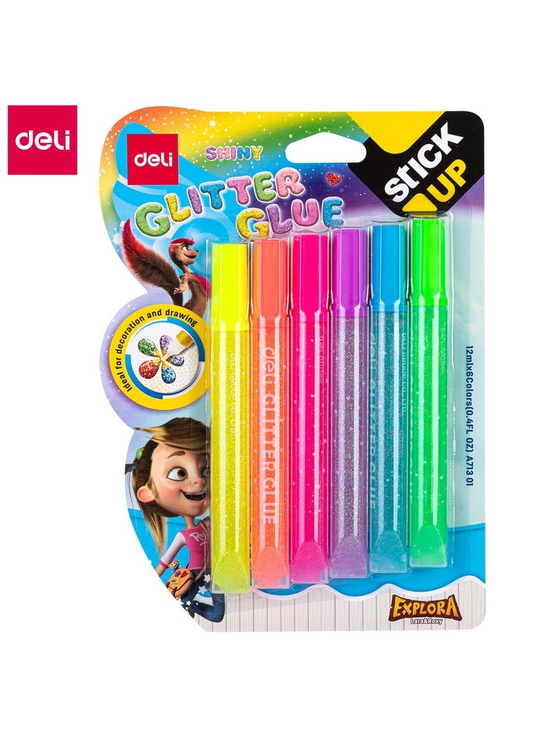 Deli دلي EA71301 لاصق إكسبلورا PVAL لامع (متعدد الألوان) – لاصق لامع غير سام للاستخدام في الأعمال اليدوية، وتزيين الألبومات، وفن الفصول الدراسية – 6 قطع/بطاقة بلاستيكية - Image 1