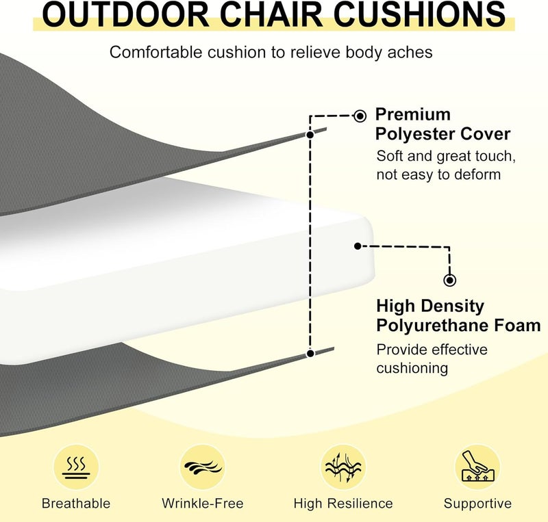 downluxe Outdoor Chair Cushions Set of 4 for Patio Furniture, Water-Resistant Patio Chair Cushions with Ties, High Density Foam Outdoor Seat Cushion, 17" X 16" X 2", Dark Grey - Image 2