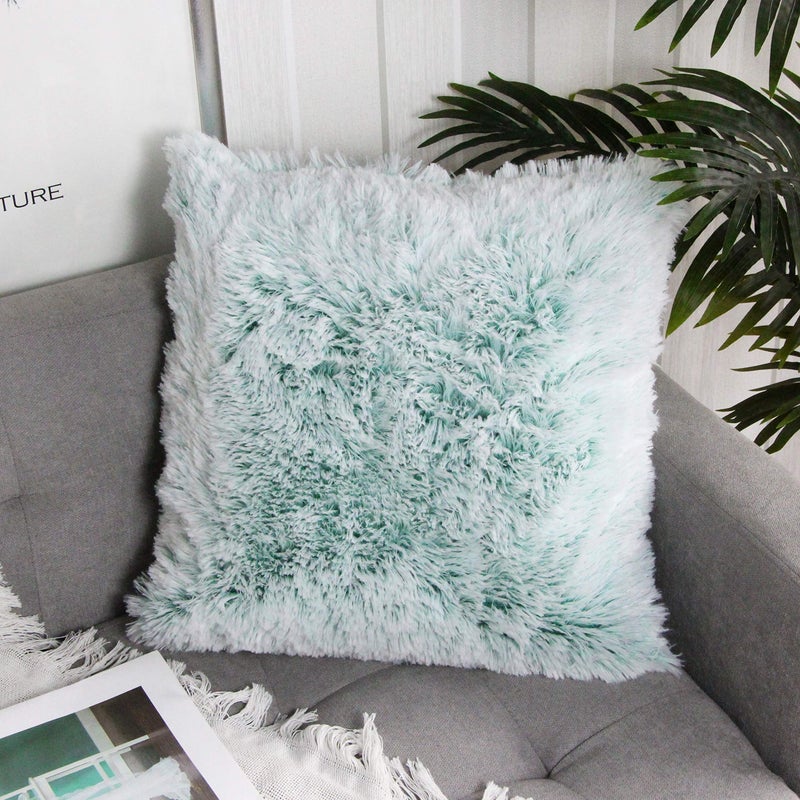 Uhomy Fluffy Accent Pillows Cover 18x18 Soft Green Ombre Faux Fur Throw Pillow Case Modern Luxury Decorative Square Cushion Cover for Farmhouse Home Decor for SofaBedChair 45x45cm Single