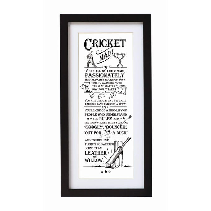 The Ultimate Gift for Man Printed Word PosterBlack Wooden Framed Wall Art PictureCricket Mad Multicolour One Size Living Room