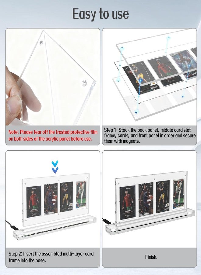 Choowin Acrylic Trading Card Display Frame with Led Light Base, 4 Slot Magnetic Card Holder Trading Card Stand for Sports Card Baseball Card Pokemon Card Graded Card Display - Image 4