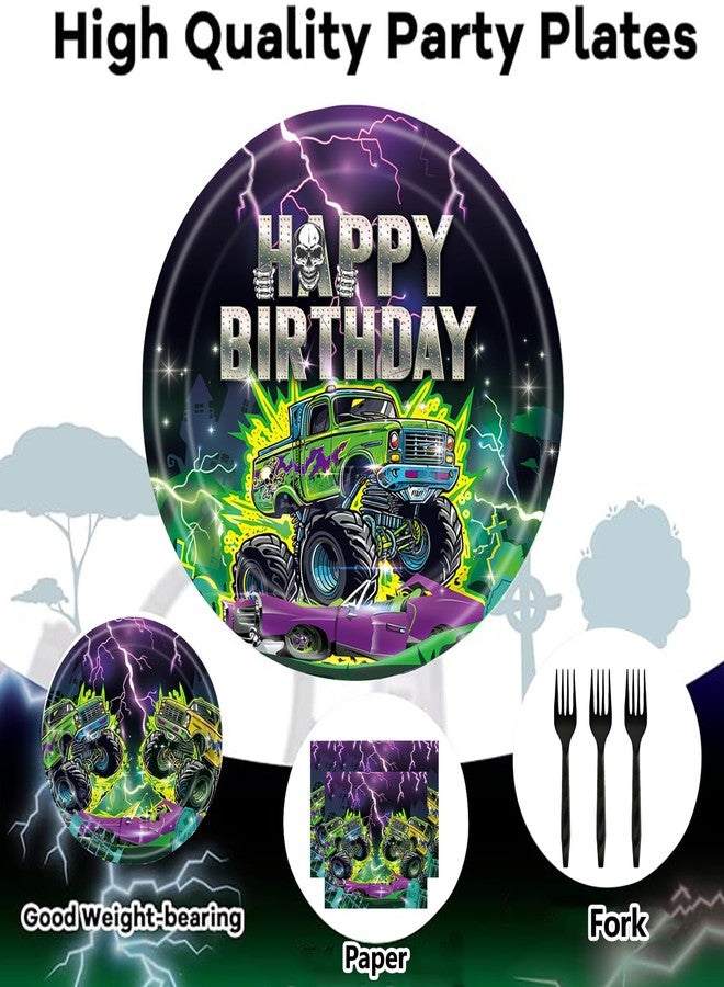 GREAWOD 96PCS Monster Truck Birthday Party Supplies, Monster Theme Jam Party Decorations Tableware, Plate, Napkin, Fork, Monster Truck Birthday Plate And Napkin Decorations Dinnerware - Image 2