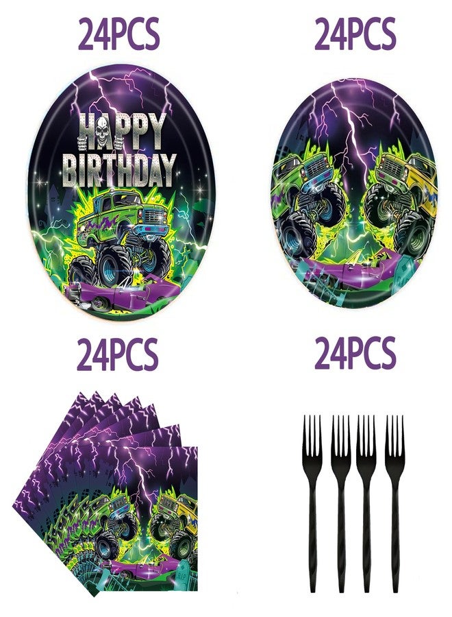 GREAWOD 96PCS Monster Truck Birthday Party Supplies, Monster Theme Jam Party Decorations Tableware, Plate, Napkin, Fork, Monster Truck Birthday Plate And Napkin Decorations Dinnerware - Image 3